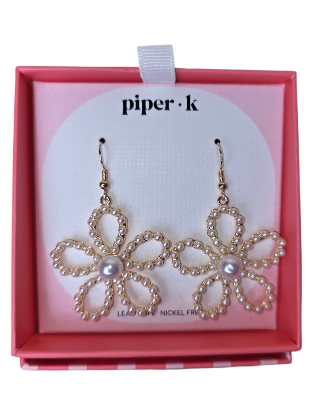 Piper Gold Tone Floral Drop Earrings with Pink Pearlescent Centers